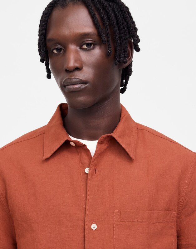 Button-Up Short-Sleeve Shirt in Cotton-Linen Blend TERRACOTTA