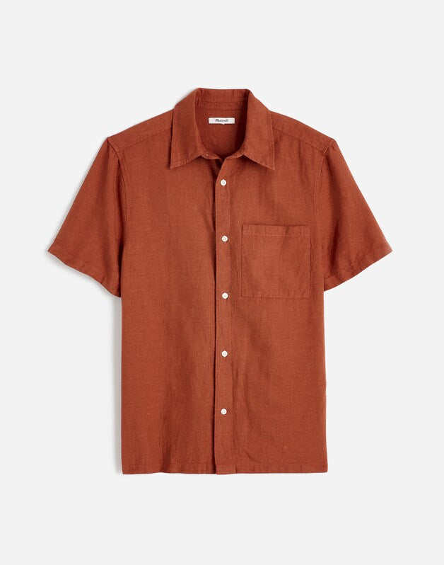 Button-Up Short-Sleeve Shirt in Cotton-Linen Blend TERRACOTTA