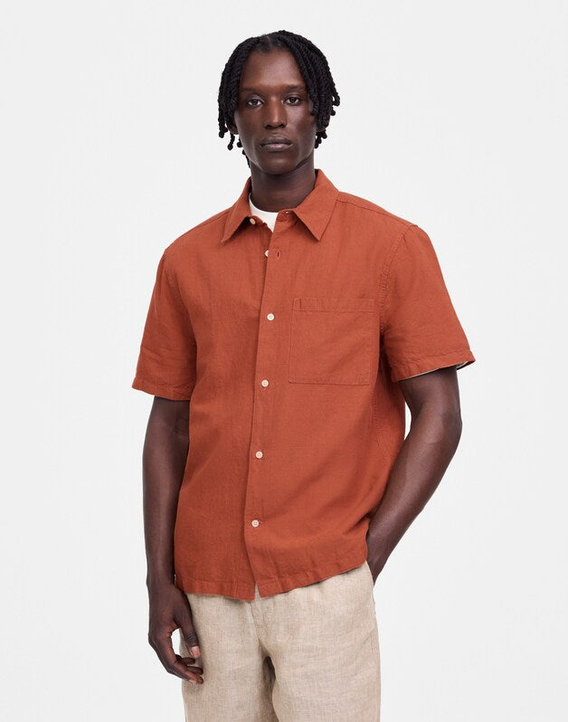 Button-Up Short-Sleeve Shirt in Cotton-Linen Blend TERRACOTTA