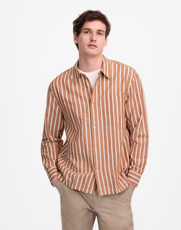 Button-Up Shirt in Cotton-Linen Blend SADDLE BROWN