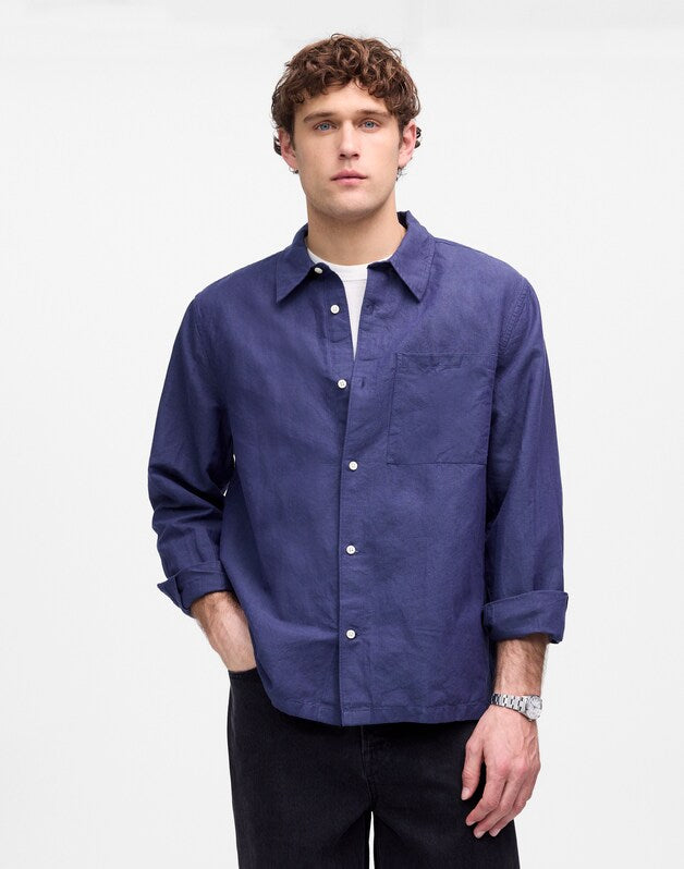Button-Up Shirt in Cotton-Linen Blend DARK INDIGO