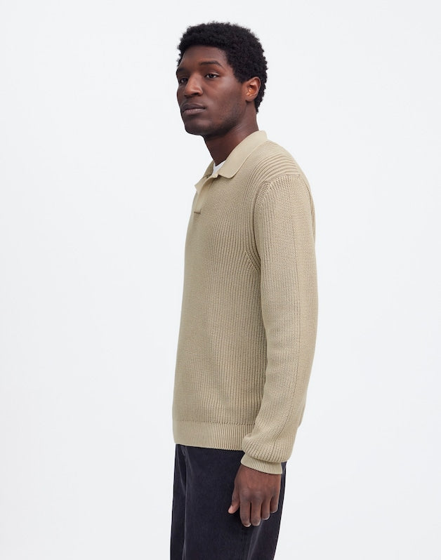 Cotton Shaker Stitch Johnny-Collar Sweater Polo PALE FATIGUE