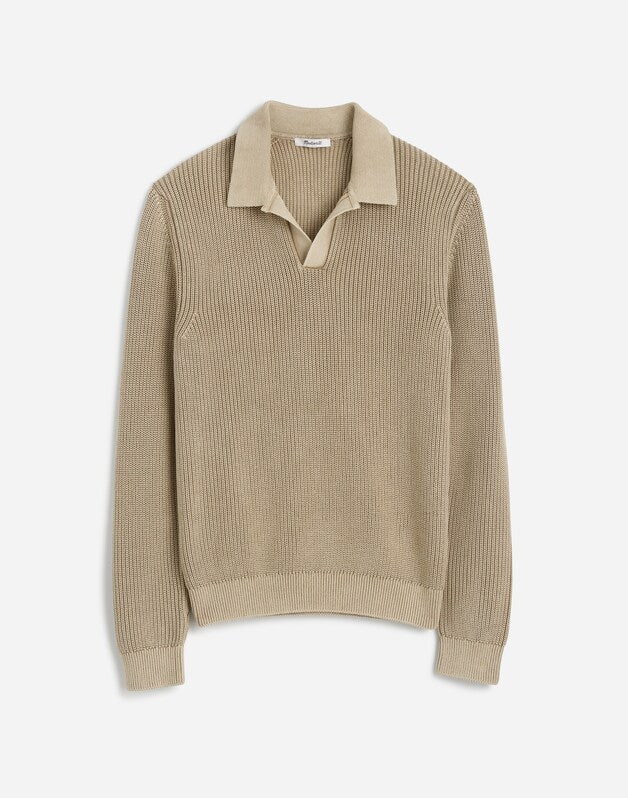 Cotton Shaker Stitch Johnny-Collar Sweater Polo PALE FATIGUE