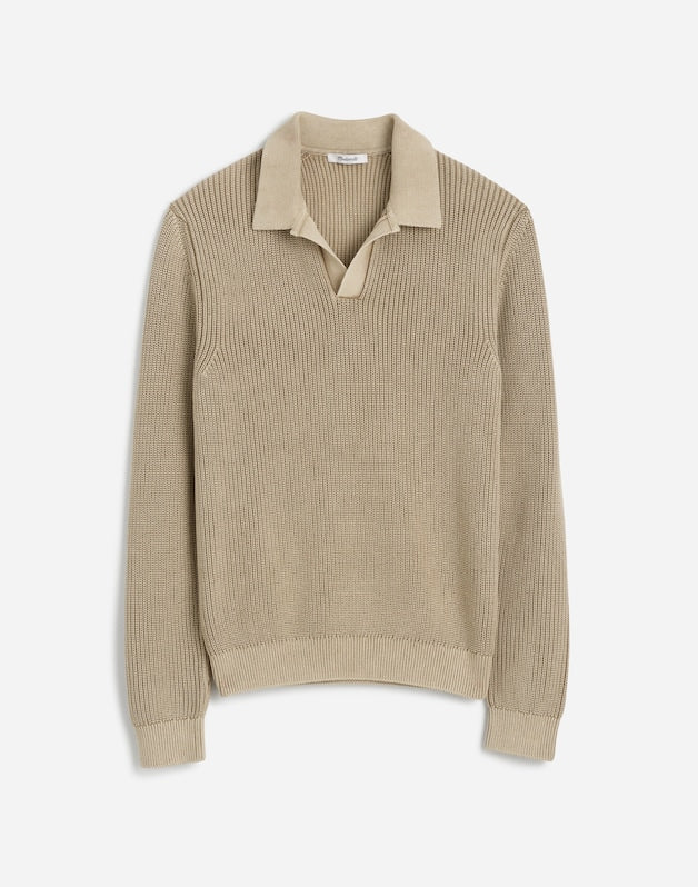 Cotton Shaker Stitch Johnny-Collar Sweater Polo PALE FATIGUE