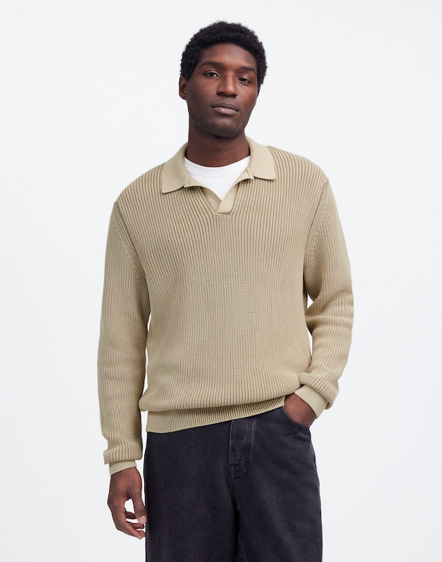 Cotton Shaker Stitch Johnny-Collar Sweater Polo PALE FATIGUE