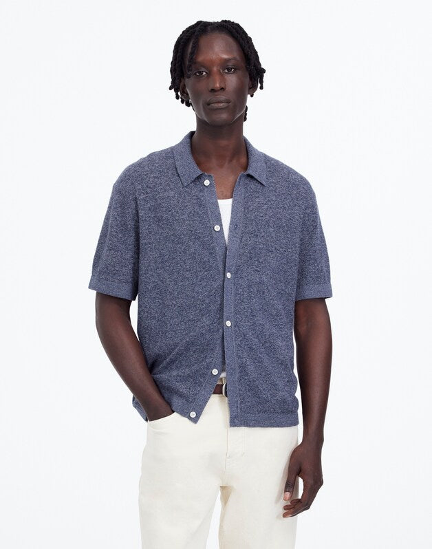 Marled Cotton Button-Up Sweater Polo NAVY MARL