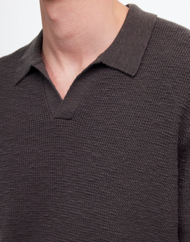 Waffle-Knit Johnny-Collar Sweater Polo DARK SURPLUS