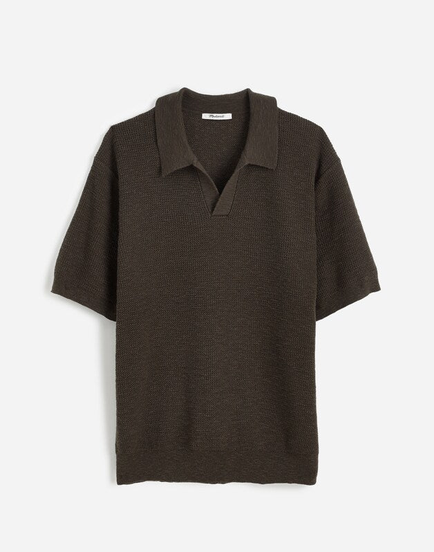 Waffle-Knit Johnny-Collar Sweater Polo DARK SURPLUS