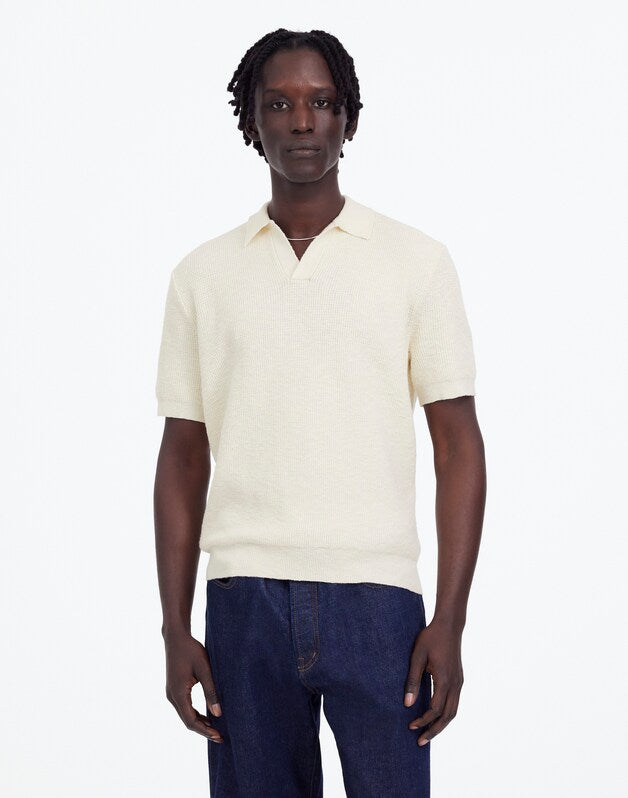 Waffle-Knit Johnny-Collar Sweater Polo VINTAGE IVORY