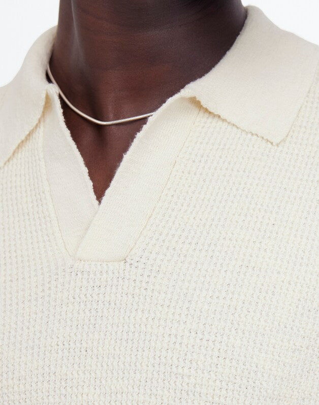 Waffle-Knit Johnny-Collar Sweater Polo VINTAGE IVORY