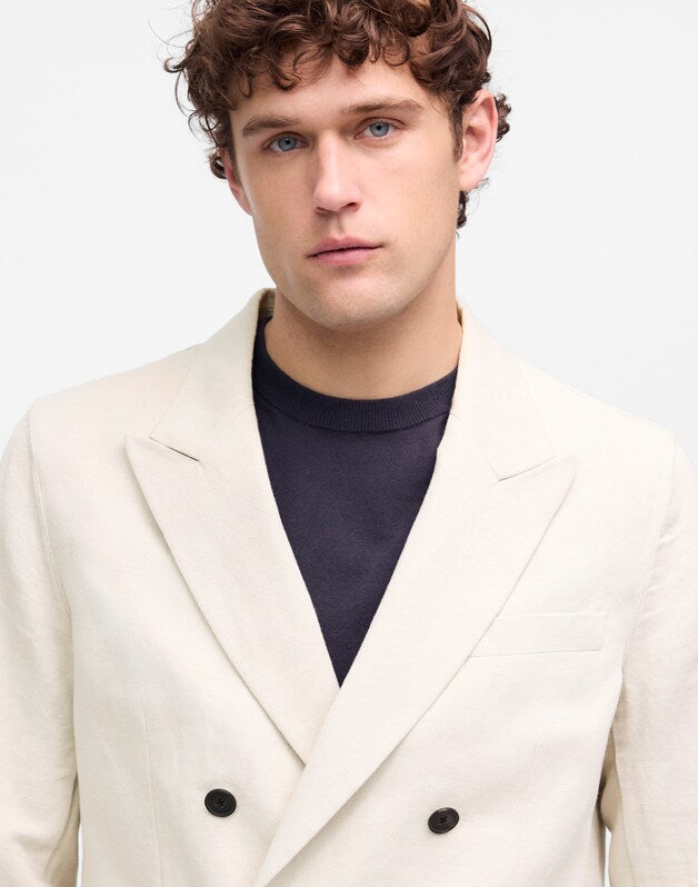 Double-Breasted Blazer in Cotton-Linen Blend BONE