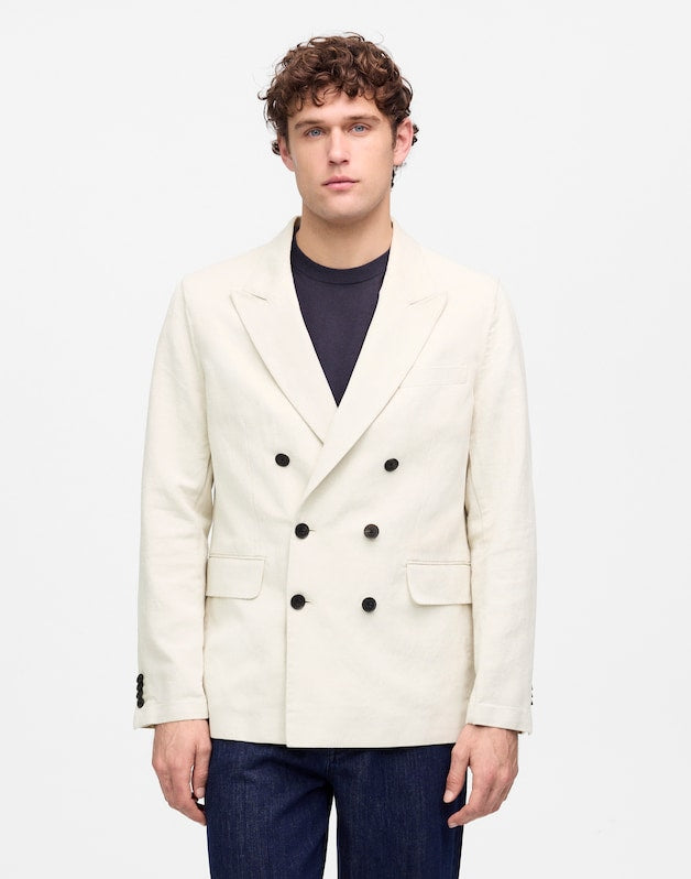 Double-Breasted Blazer in Cotton-Linen Blend BONE