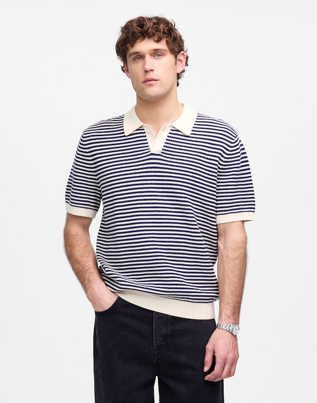 Pointelle Stitch Single-Button Sweater Polo ANTIQUE NAVY