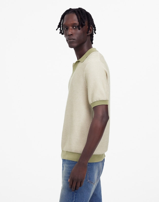 Honeycomb Stitch Johnny-Collar Sweater Polo OLIVE