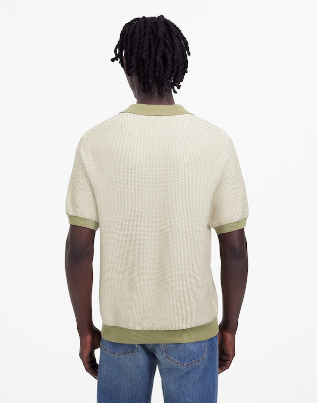 Honeycomb Stitch Johnny-Collar Sweater Polo OLIVE