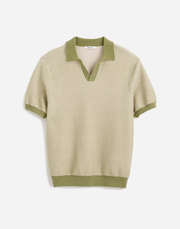 Honeycomb Stitch Johnny-Collar Sweater Polo OLIVE