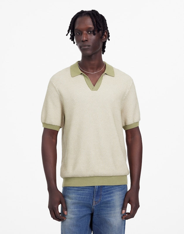 Honeycomb Stitch Johnny-Collar Sweater Polo OLIVE