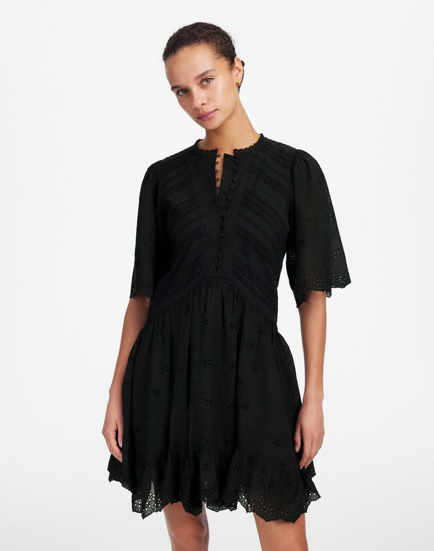 Eyelet Flutter Sleeve Mini Dress in Cotton JET BLACK