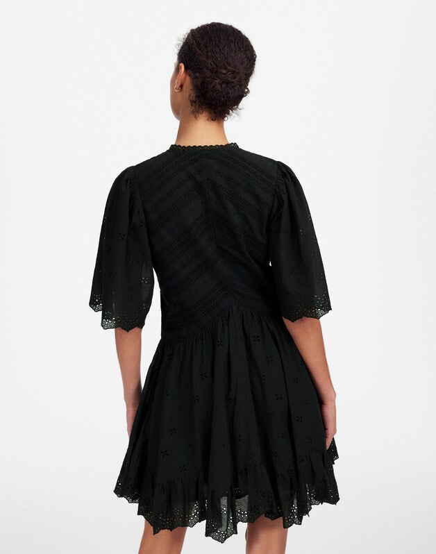 Eyelet Flutter Sleeve Mini Dress in Cotton JET BLACK
