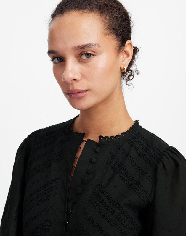 Eyelet Flutter Sleeve Mini Dress in Cotton JET BLACK