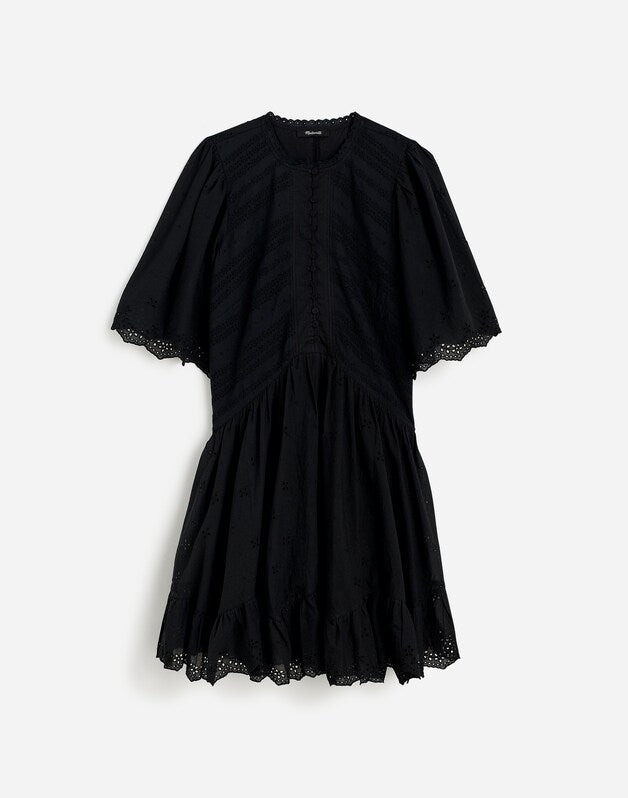 Eyelet Flutter Sleeve Mini Dress in Cotton JET BLACK