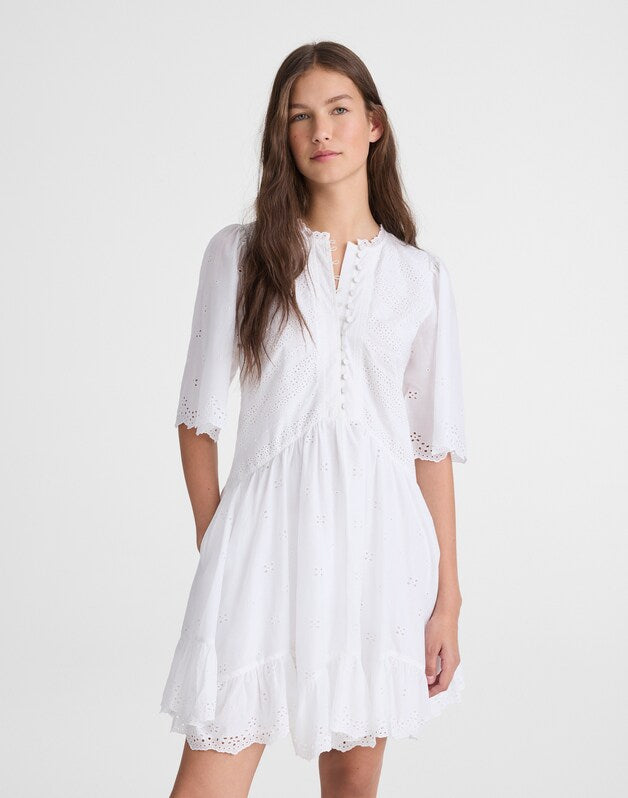 Eyelet Flutter Sleeve Mini Dress in Cotton WHITE