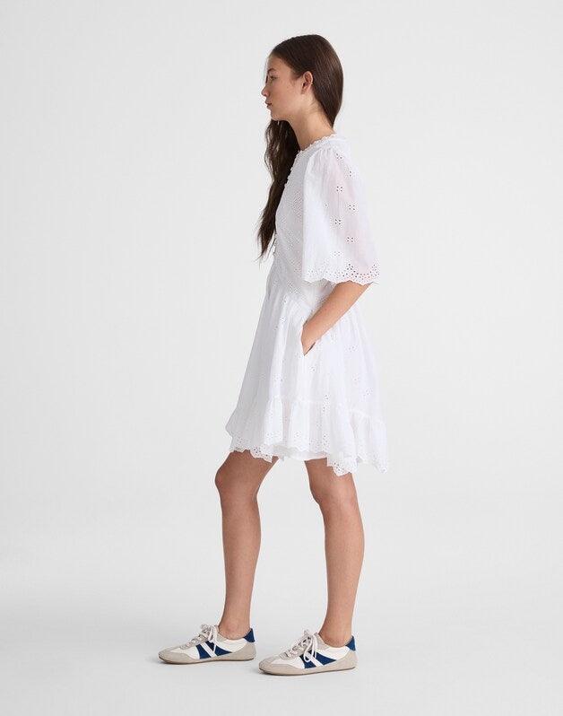 Eyelet Flutter Sleeve Mini Dress in Cotton WHITE