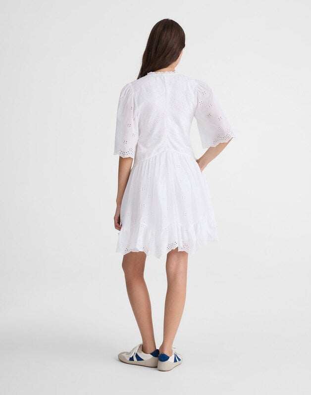 Eyelet Flutter Sleeve Mini Dress in Cotton WHITE