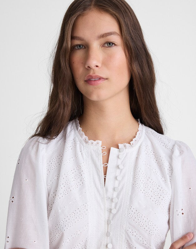 Eyelet Flutter Sleeve Mini Dress in Cotton WHITE