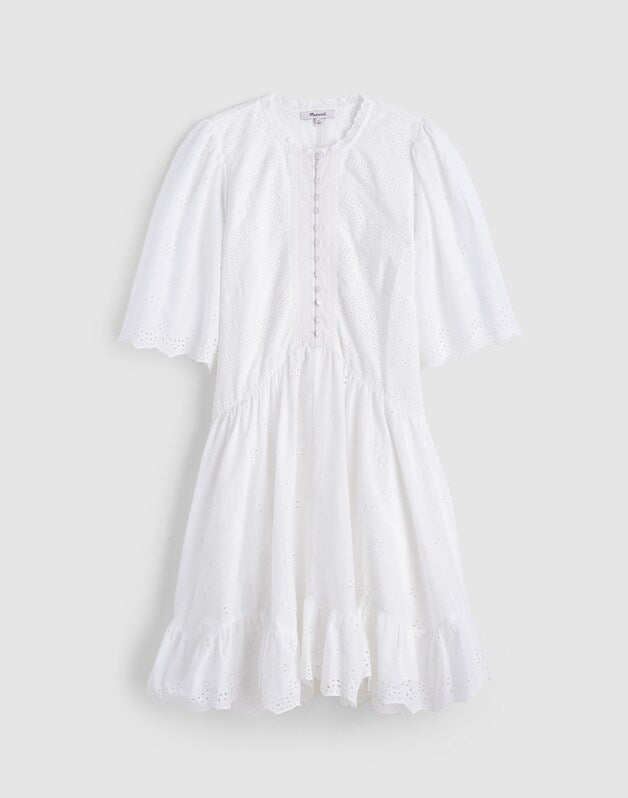 Eyelet Flutter Sleeve Mini Dress in Cotton WHITE