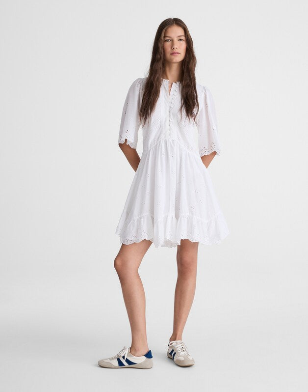 Eyelet Flutter Sleeve Mini Dress in Cotton WHITE