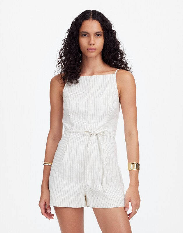 Sleeveless Square-Neck Pleated Romper IVORY BLACK PINSTRIPE