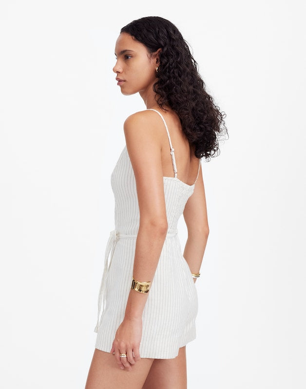 Sleeveless Square-Neck Pleated Romper IVORY BLACK PINSTRIPE