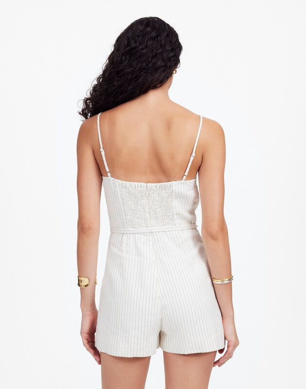 Sleeveless Square-Neck Pleated Romper IVORY BLACK PINSTRIPE