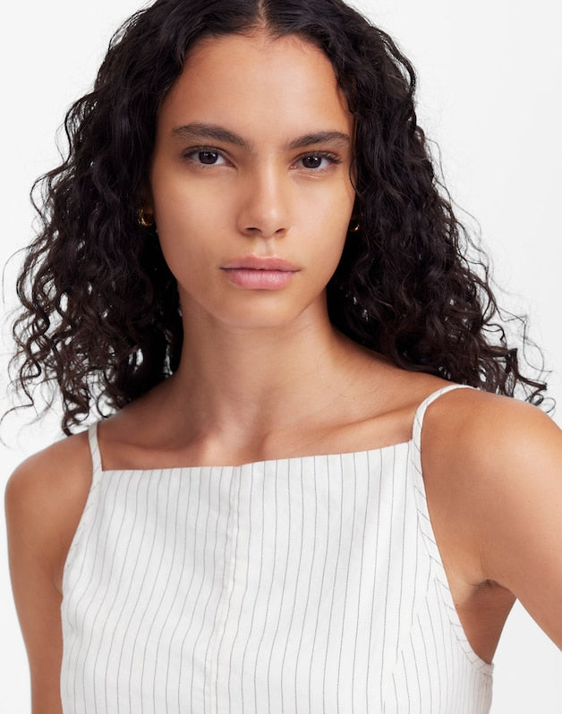 Sleeveless Square-Neck Pleated Romper IVORY BLACK PINSTRIPE