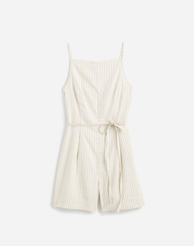 Sleeveless Square-Neck Pleated Romper IVORY BLACK PINSTRIPE