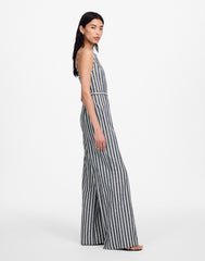 Pleated Wide-Leg Jumpsuit in Pinstripe Linen NAVY WHITE STRIPE