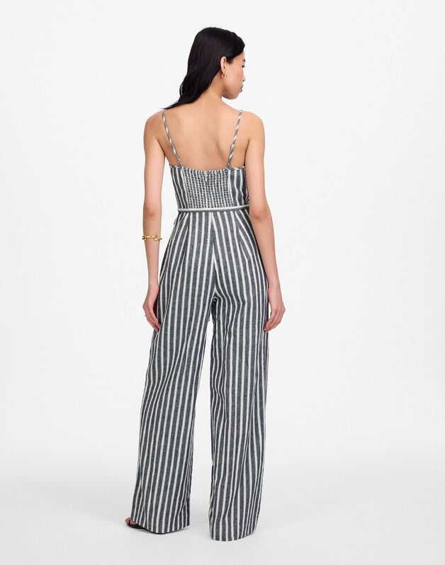 Pleated Wide-Leg Jumpsuit in Pinstripe Linen NAVY WHITE STRIPE