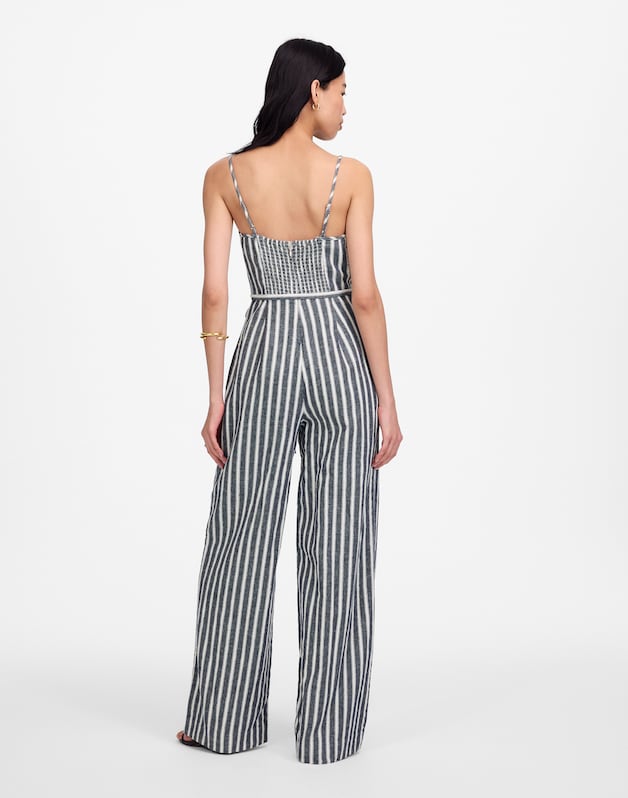 Pleated Wide-Leg Jumpsuit in Pinstripe Linen NAVY WHITE STRIPE