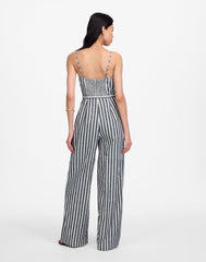 Pleated Wide-Leg Jumpsuit in Pinstripe Linen NAVY WHITE STRIPE