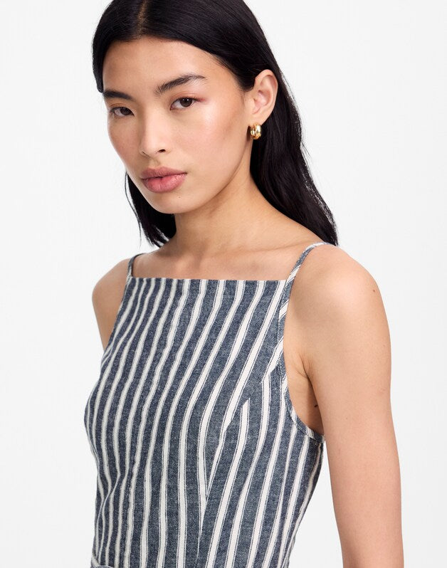 Pleated Wide-Leg Jumpsuit in Pinstripe Linen NAVY WHITE STRIPE