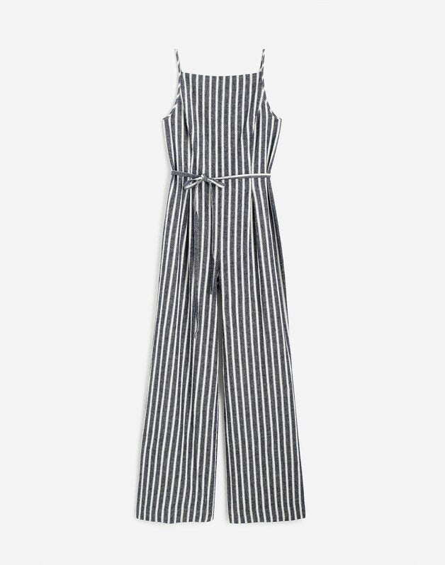 Pleated Wide-Leg Jumpsuit in Pinstripe Linen NAVY WHITE STRIPE