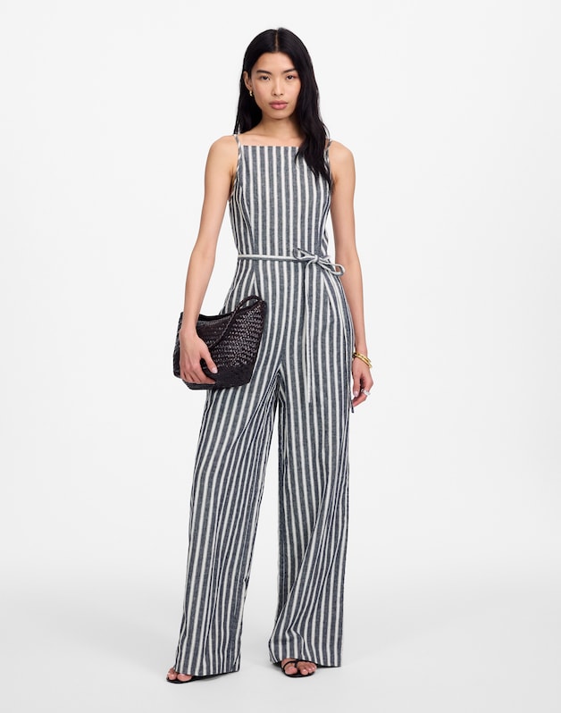 Pleated Wide-Leg Jumpsuit in Pinstripe Linen NAVY WHITE STRIPE