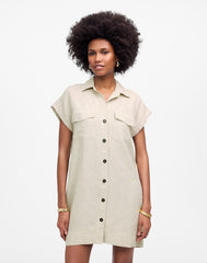 Utility Short-Sleeve Mini Shirtdress in 100% Linen OAT
