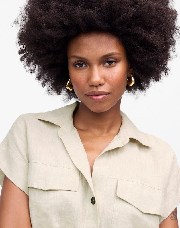 Utility Short-Sleeve Mini Shirtdress in 100% Linen OAT