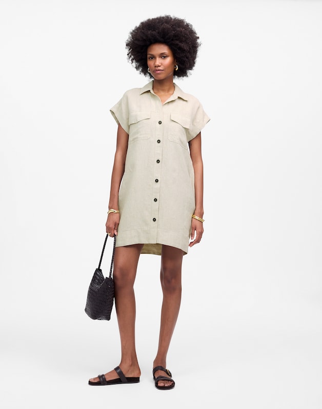 Utility Short-Sleeve Mini Shirtdress in 100% Linen OAT