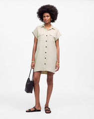Utility Short-Sleeve Mini Shirtdress in 100% Linen OAT