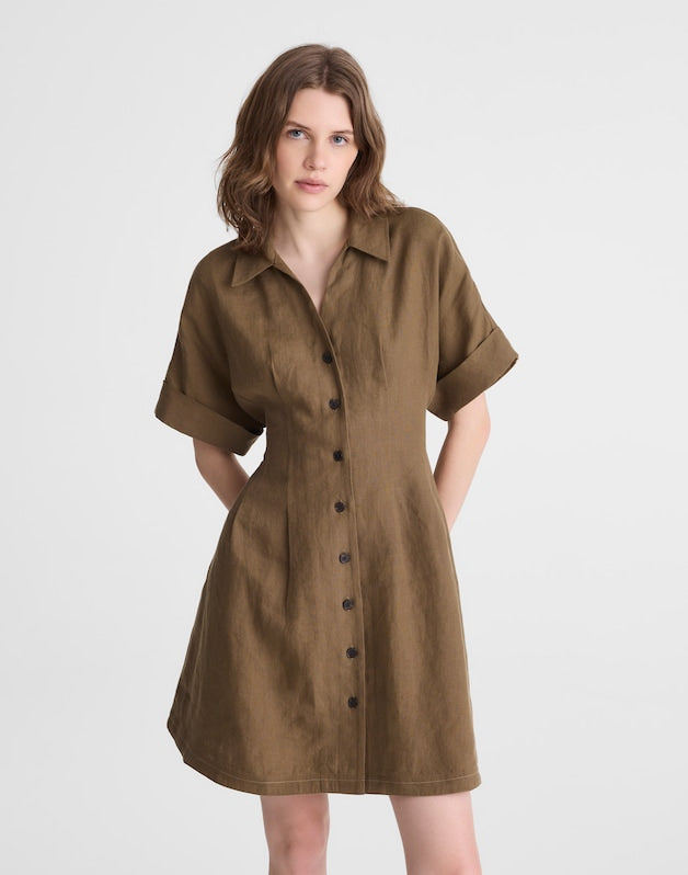 The Perry Mini Shirtdress in 100% Linen SAFARI KHAKI