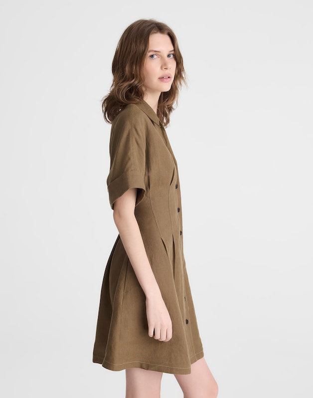 The Perry Mini Shirtdress in 100% Linen SAFARI KHAKI