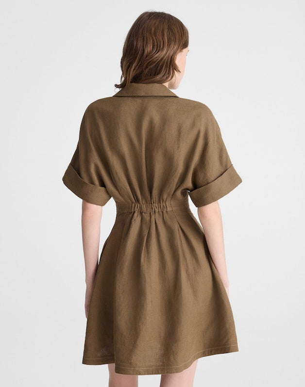 The Perry Mini Shirtdress in 100% Linen SAFARI KHAKI